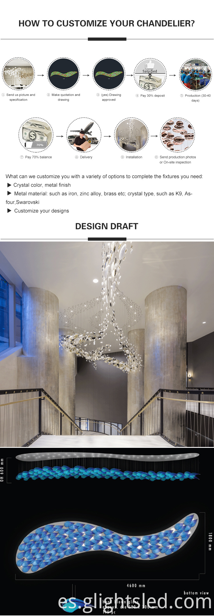 Gran hotel personalizado decorado con cuentas de cristal de lujo que cuelgan la ingeniería de iluminación colgante llevada